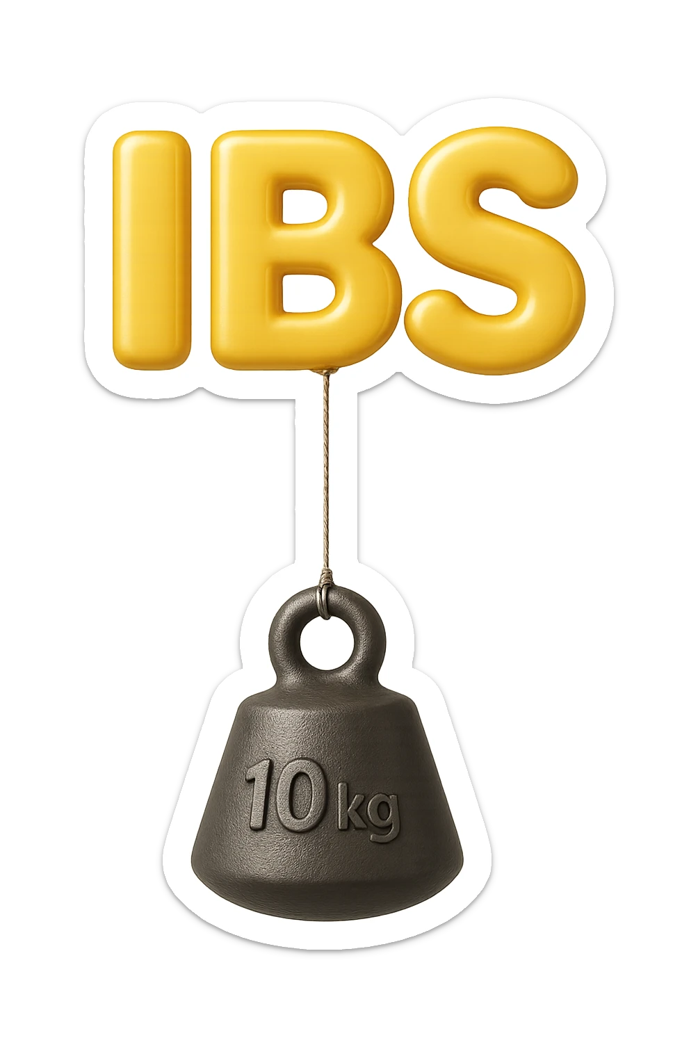 emoji stile iphone della parola "IBS" sospesa in aria con zavorra attaccata sotto che la fa cadere per il peso, iperrealistico 4k sticker