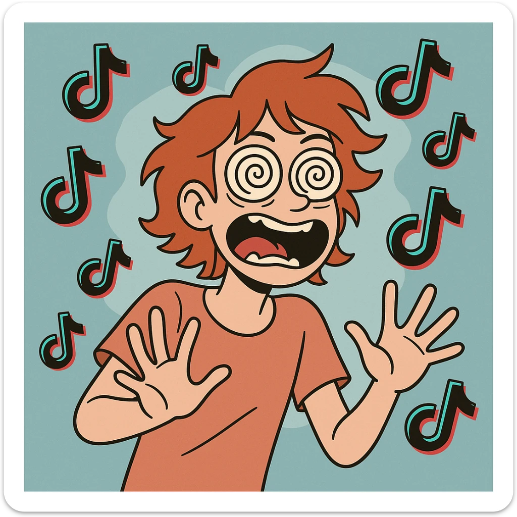 red-haired person with spiraling eyes, surrounded by TikTok icons, looking crazed and hyper, comic style sticker