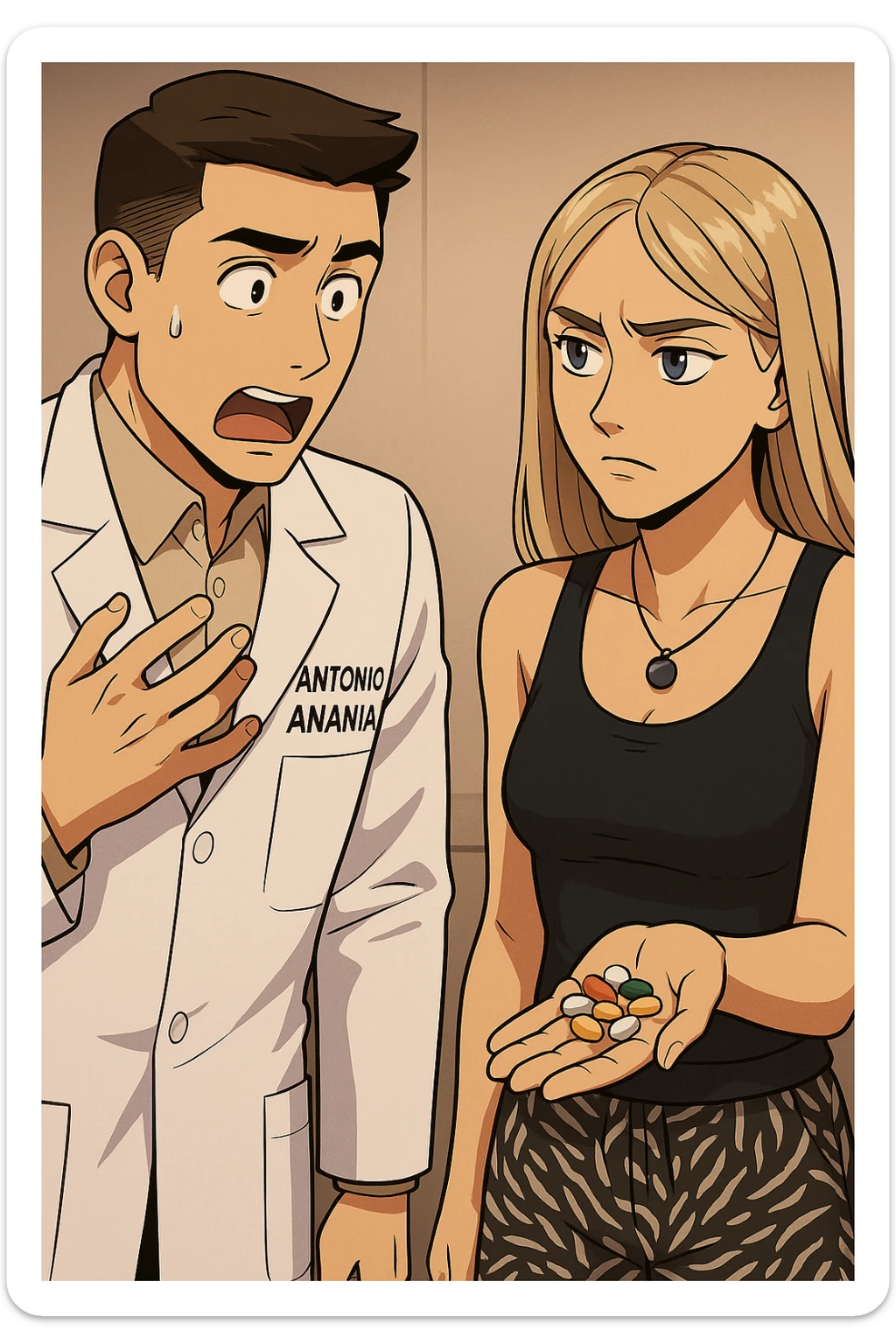 fai un webtoon/manga a colori con questo kinesiologo in camice bianco (fagli la scritta "ANTONIO ANANIA" SUL CAMICE) CHE PARLA CON QUESTA RAGAZZA CON GLI OCCHI AZZURRI. LA RAGAZZA HA UN PUGNO DI INTEGRATORI IN MANO (TANTE PILLOLE DIVERSE) E LE GUARDA DUBBIOSA. IL KINESIOLOGO CON IL CAMICE BIANCO LE DOMANDA UNA COSA SCIOCCATO. NON FARE I FUMETTI, FAI SOLO LORO COME SE DIALOGASSERO sticker