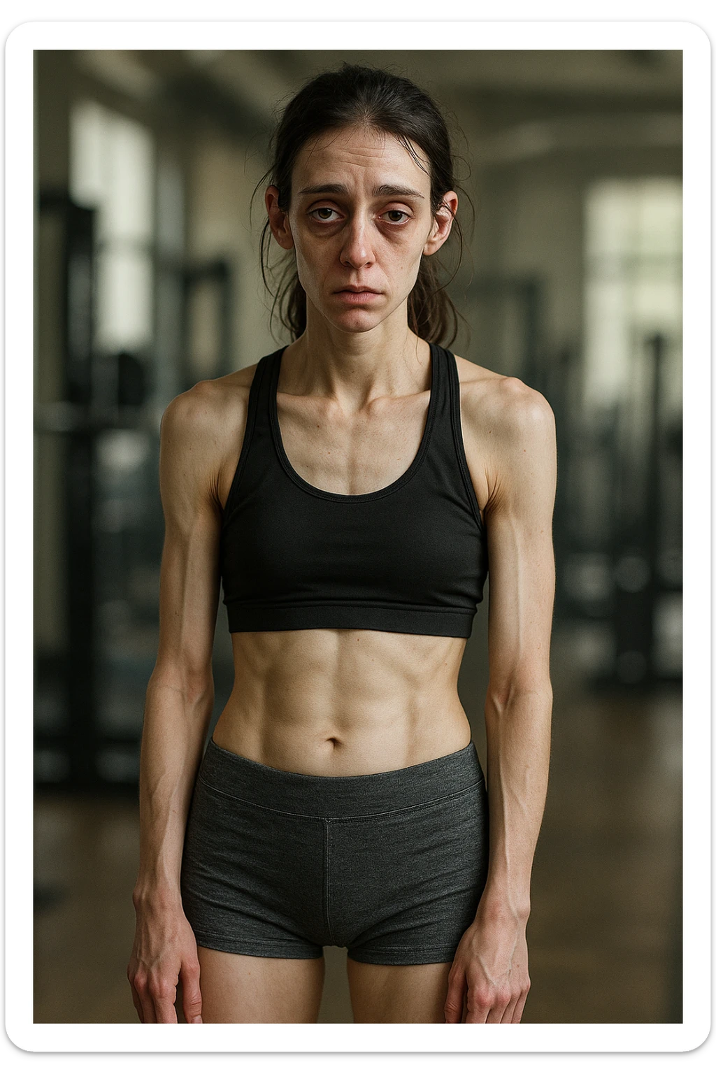 3D realistic vertical illustration of a young athletic woman in sportswear standing in a gym. Her body appears lean but slightly fatigued, with visible muscle loss and a tired expression. Subtle details like dark circles under her eyes, pale skin, and a slouched posture suggest underfueling. The lighting is soft and natural, with gym equipment blurred in the background. sticker