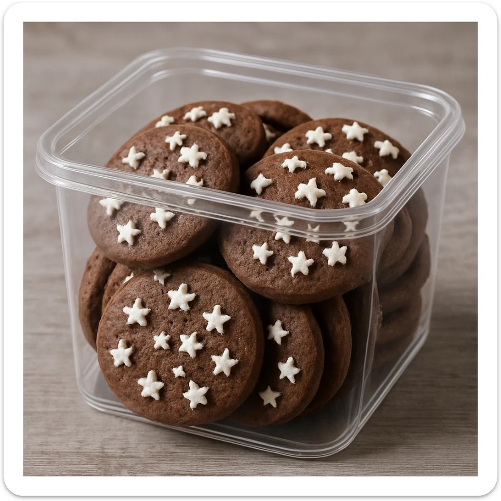 photo realistic Italian Pan di Stelle cookies in a transparent box, white sugar stars sticker