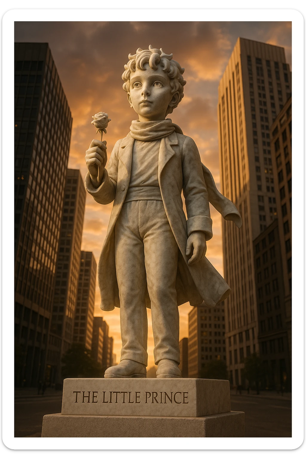 Ultra-realistic full-length marble sculpture of the Little Prince holding a rose in his hand, standing in the middle of a modern city. The pedestal is engraved with [TEXT]. Sunset lighting, dramatic view from below. sticker