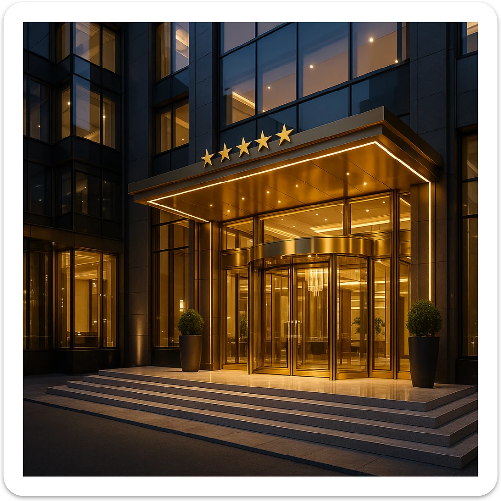 luxurious 5 star hotel, elegant, grand entrance, gold accents, modern architecture sticker