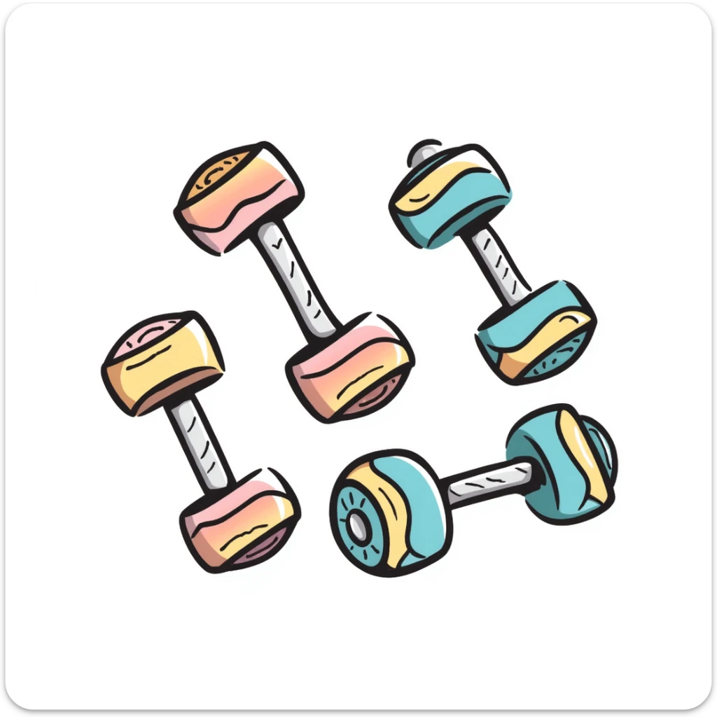 A set of fitness dumbbells with hexagonal ends in pastel colors (dd9fb0, ffc6d3, a3bfc9, c4bee2, f1b091), hand-drawn doodle style sticker