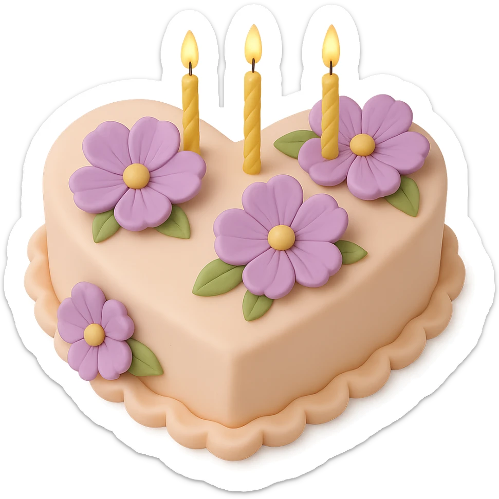 Add birthday candles to the heart-shaped fondant cake with purple flowers, fondant cake art style, keep transparent background. sticker
