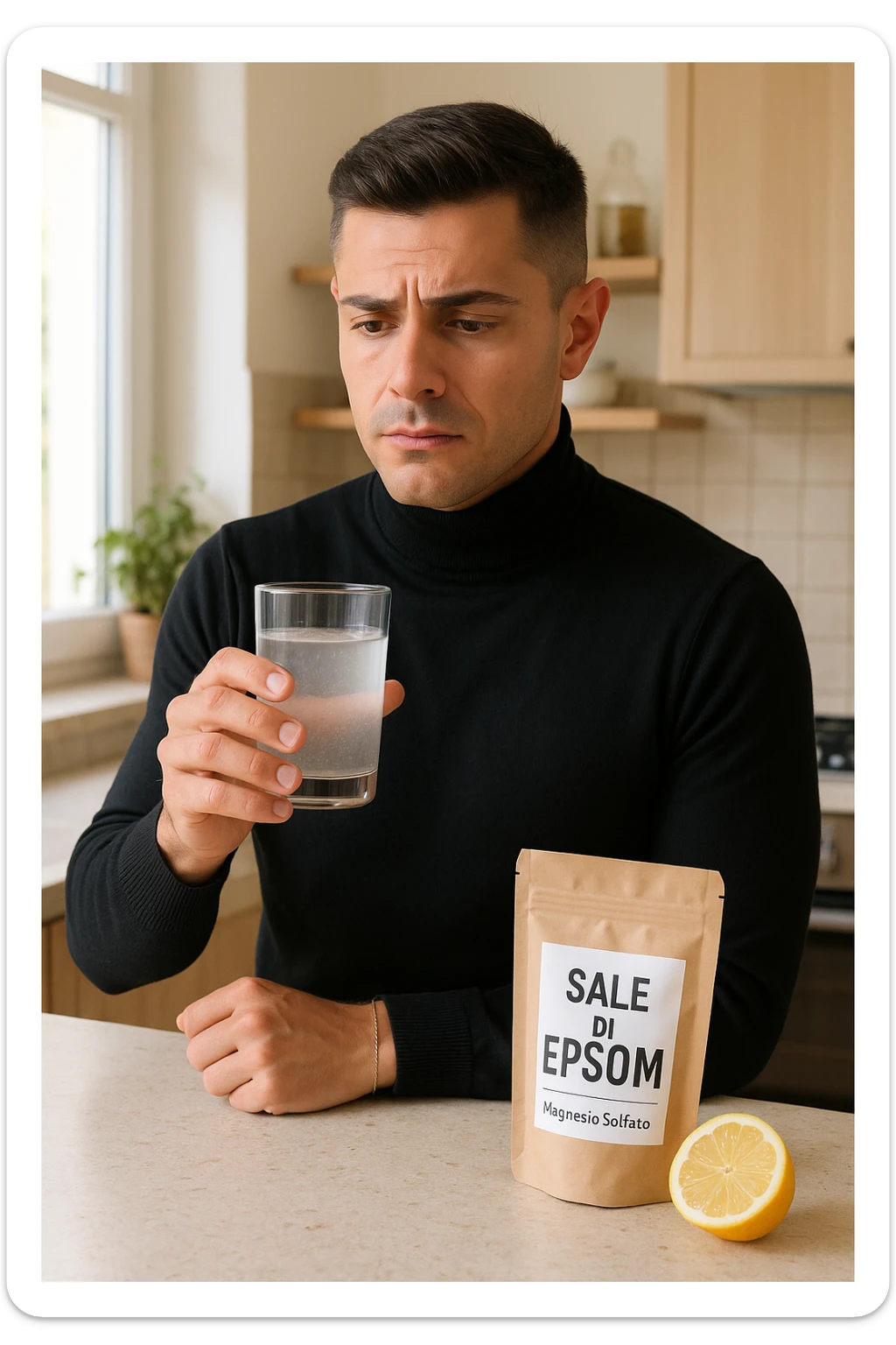 A realistic, bright photo-style image of a young man in his 30s standing in his kitchen, holding a clear glass filled with water in which Epsom salt (magnesium sulfate) has been dissolved. He looks focused but slightly uncertain as he prepares to drink it for a liver flush or digestive cleanse. The glass shows slight cloudiness from the dissolved salt. On the counter are a packet labeled 'Sale di Epsom' and a sliced lemon, suggesting he might use it to mask the taste. The setting is clean, natural, and bright with neutral tones. The background shows sunlight streaming through a window, emphasizing a clean, minimalist health-focused environment. The mood conveys a realistic, calm moment of self-care with a hint of discomfort, illustrating a natural detox practice in italiano sticker