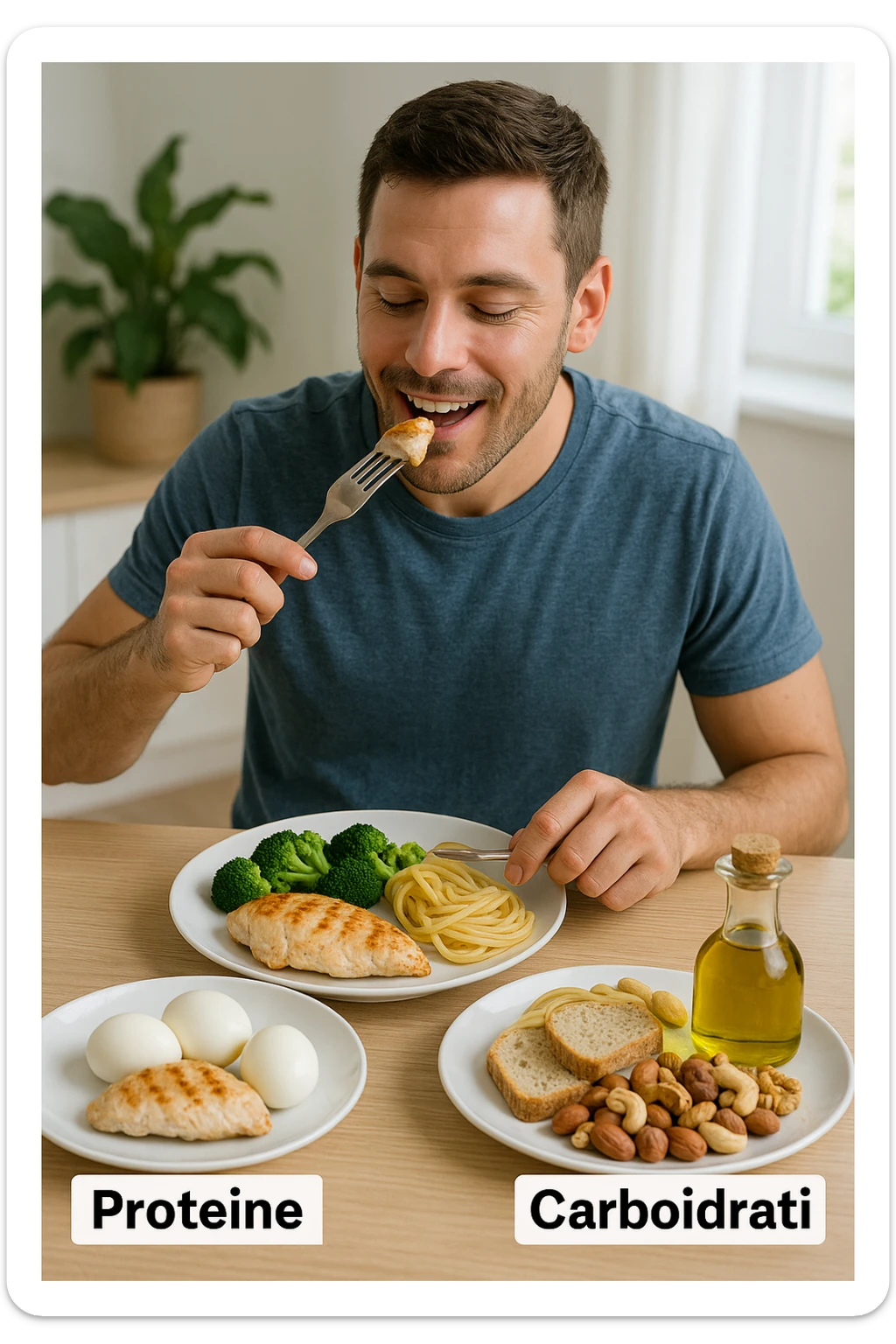 uomo che fa alimentazione attraverso i giusti macronutrienti. Scritte in ITALIANO immagine 4k realistica sticker