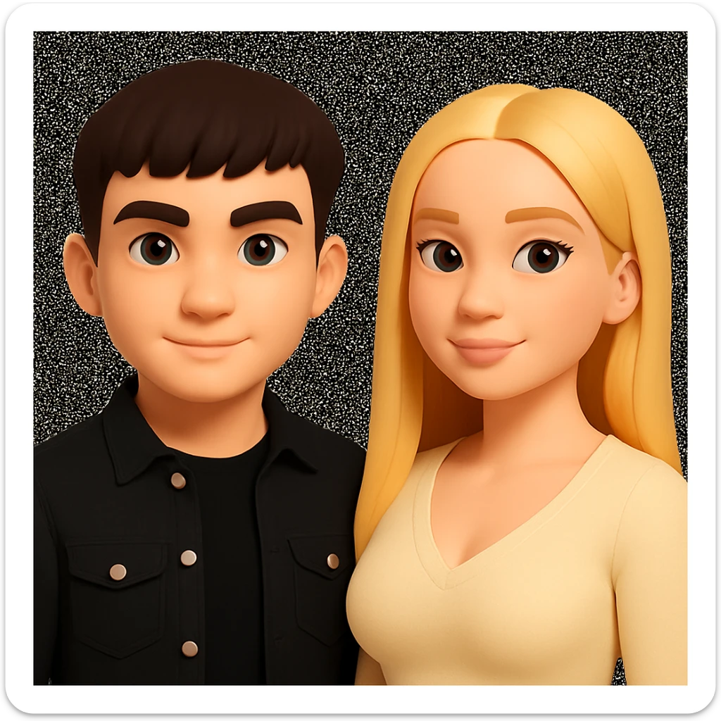 Slightly increase the volume of the upper body of the girl, separate the girl and the boy from each other, make the skin color the same for both characters, while preserving the cartoonish 3D style as in the reference image. sticker