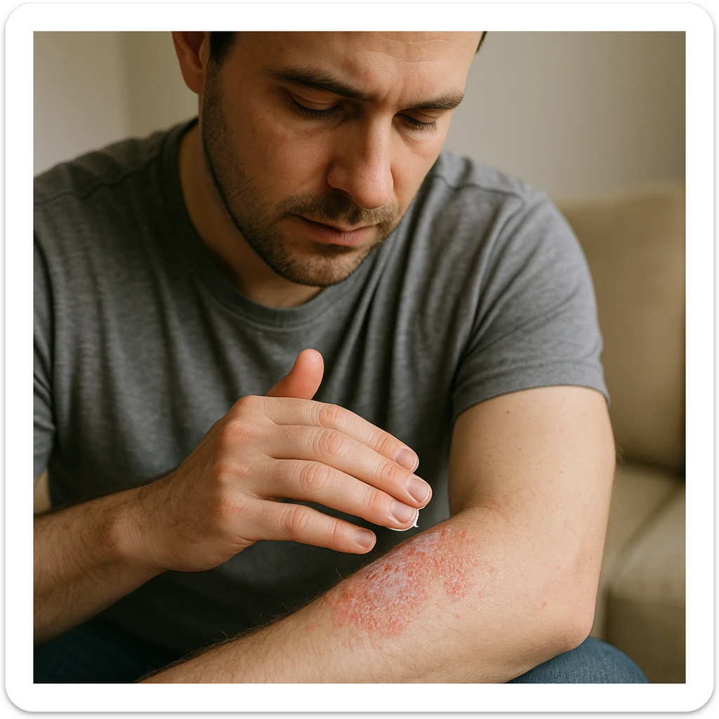 realistic image of a man applying cream to his skin for dermatitis, showing affected area on arm or leg, medical and respectful context, no explicit details sticker