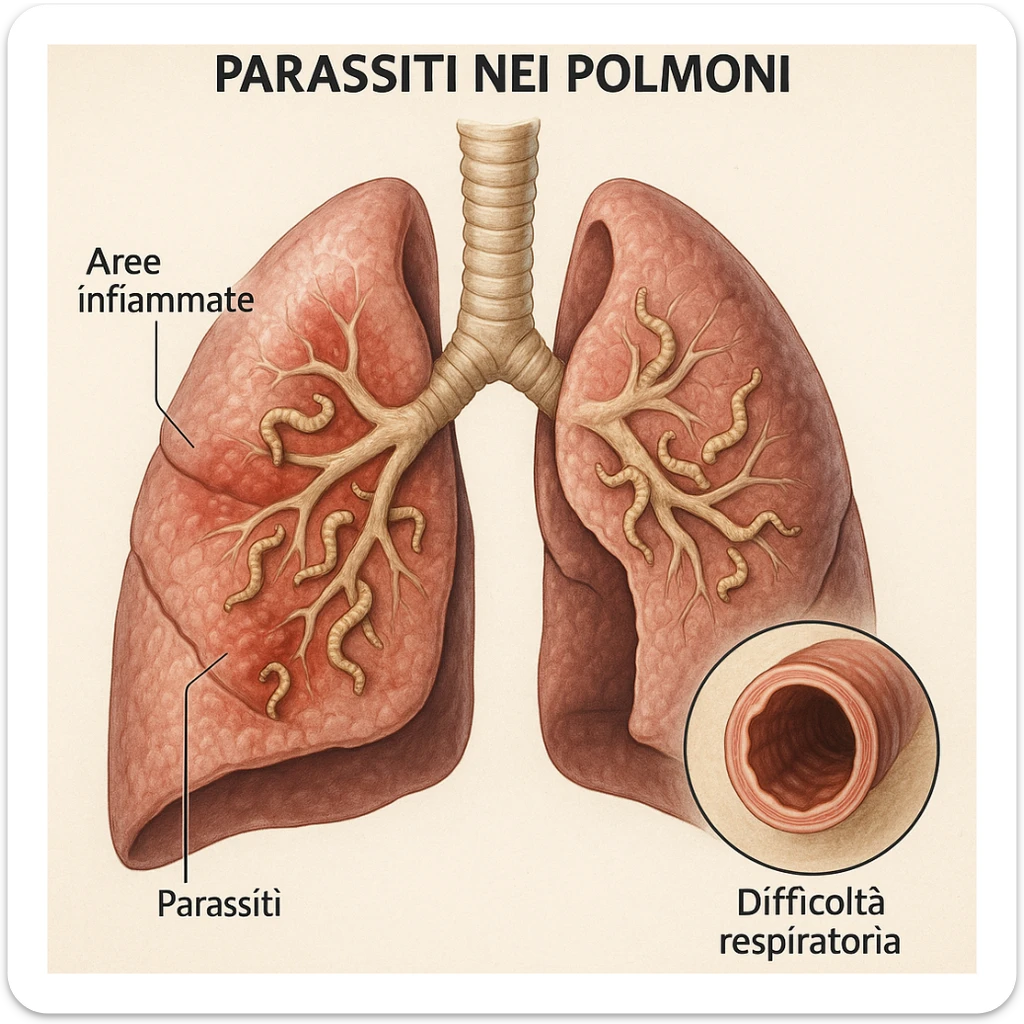 realistic medical illustration of a cross-section of lungs showing parasites causing respiratory problems, with inflamed areas and visual cues for breathing difficulty, educational and respectful, labeled in Italian, no explicit details sticker