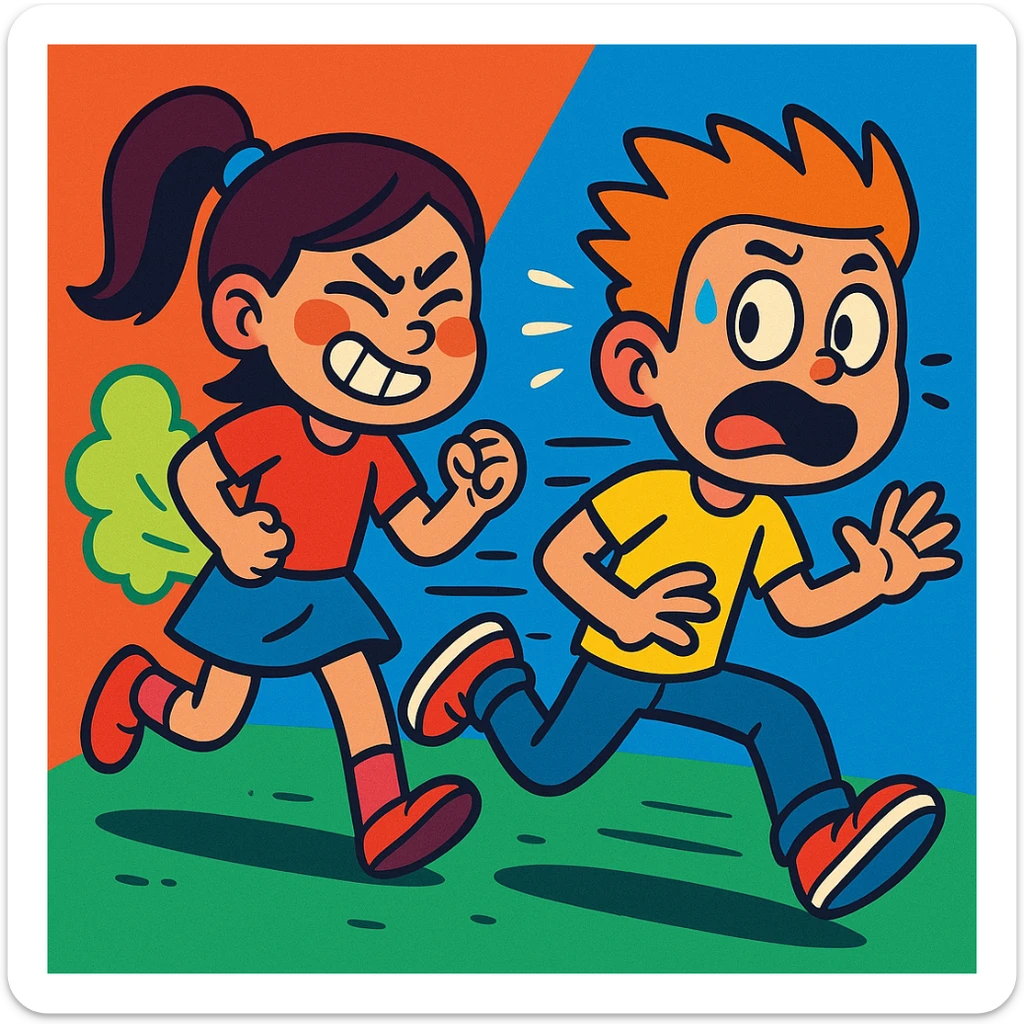 boy running away from a girl who is farting, cartoon style, expressive faces, dynamic action, vibrant toon style, colorful, playful, energetic sticker