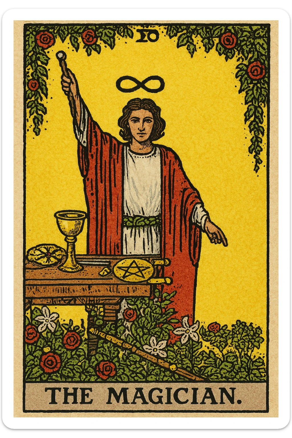 The Magician tarot card, full figure, in the style of Rider Waite Smith, detailed, mystical, holding a wand, with a table of symbols, yellow background, classic tarot illustration. sticker