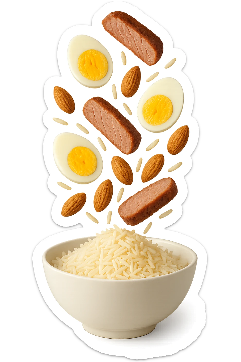 bowl bianca in cui cadono verticalmente fettine di carne, uova sode, mandorle e riso basmati sticker