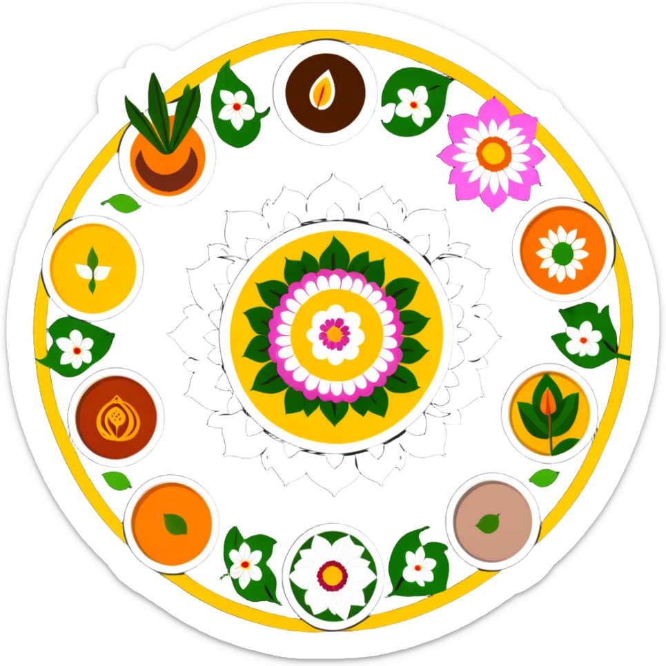 Onam celebration with pookalam flower rangoli and traditional malayali sadhya meal sticker