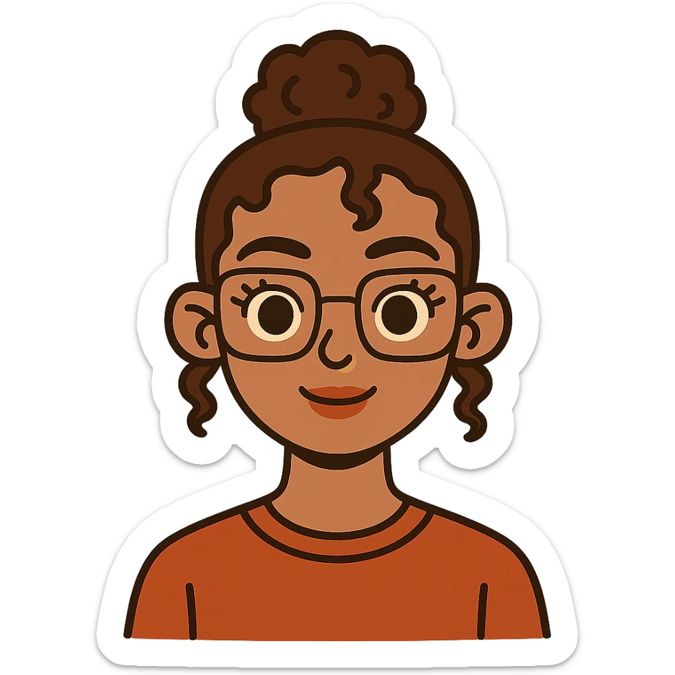 flat-toon style 23-year-old girl with square thin glasses, brown curly hair in a high bun, big eyes and lashes, small nose and mouth, thin hoop nose piercing sticker