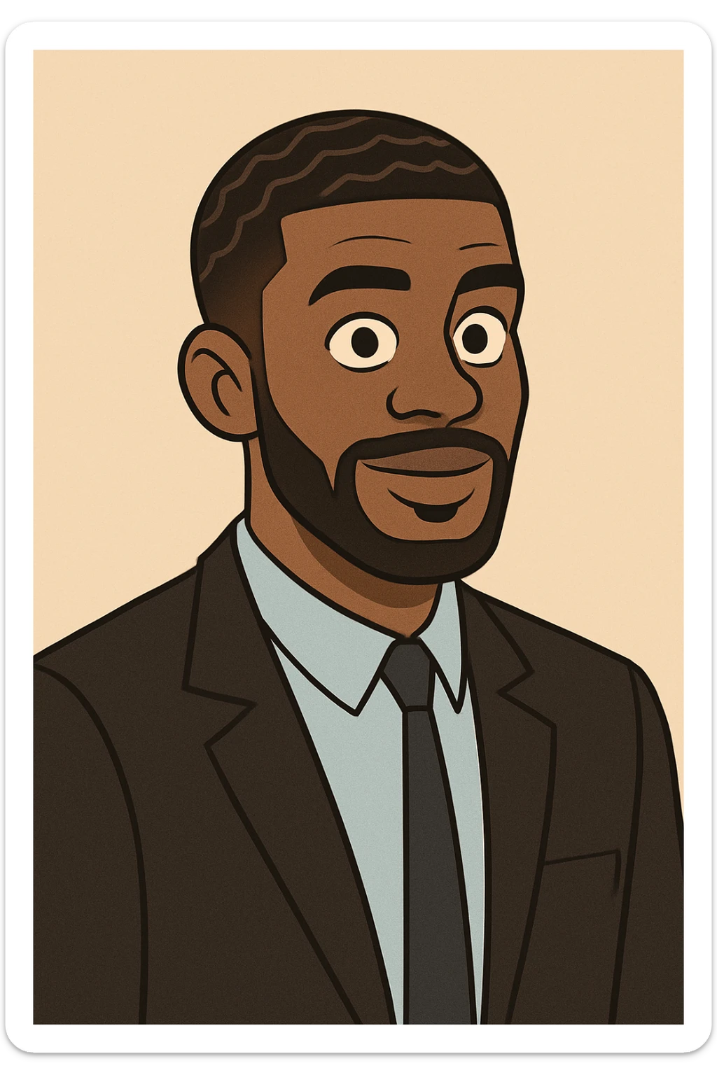 male Afro-American with stylish haircut and waves, wearing black suit and light blue shirt, clean modern illustration style sticker