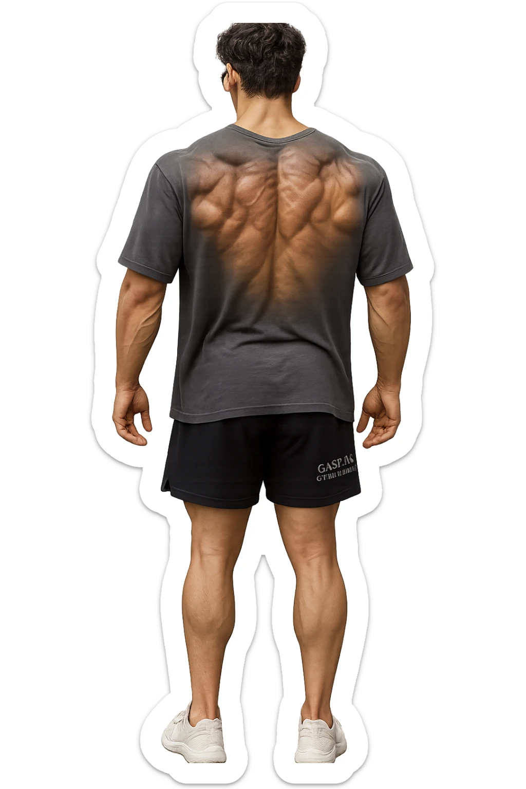 lascia questo ragazzo identico ma fallo in piedi di spalle con fasci muscolari della schiena contratti, senza macchinari, solo la sua figura, iperealistico 4k sticker