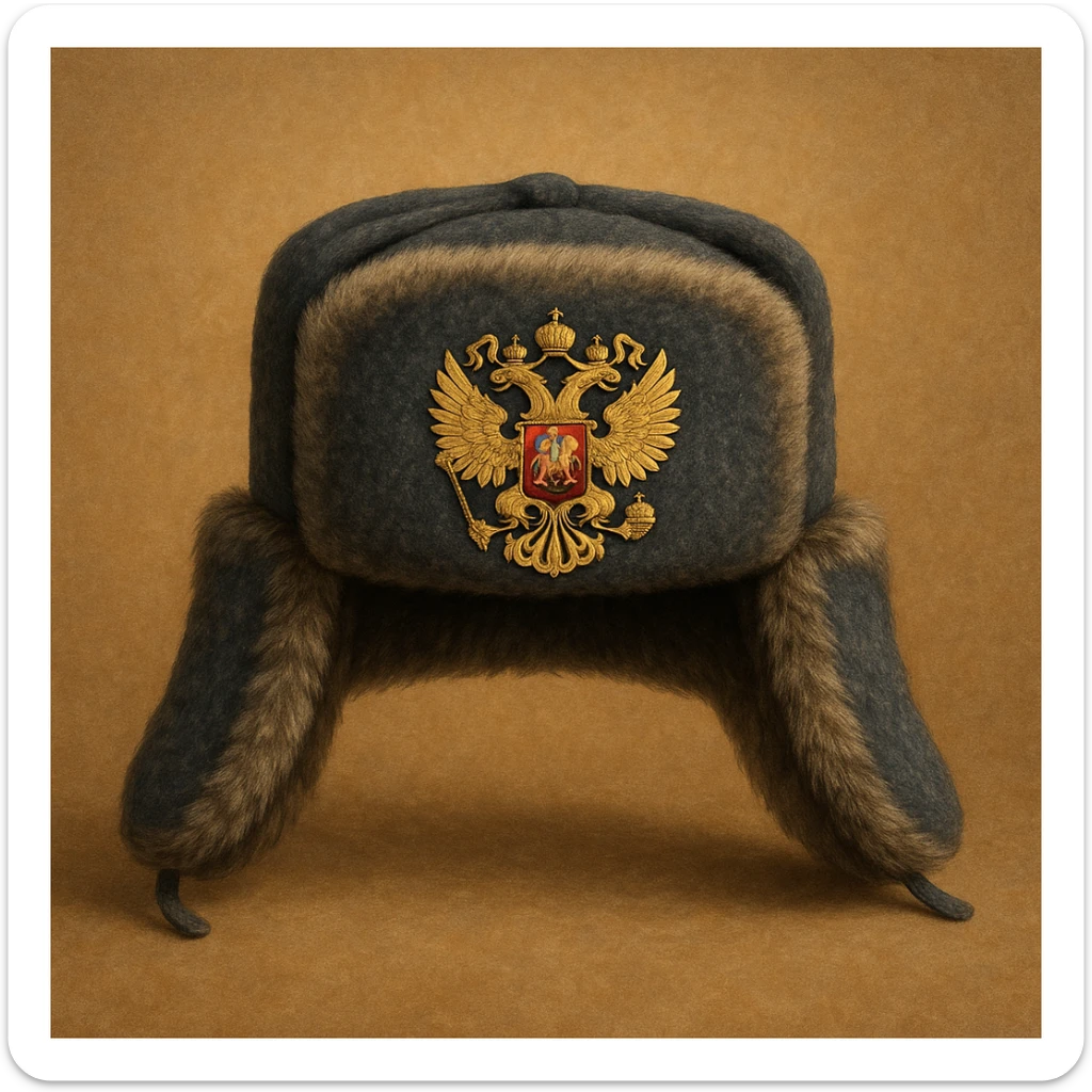 Russian hat ushank with the coat of arms of Russia, with background sticker