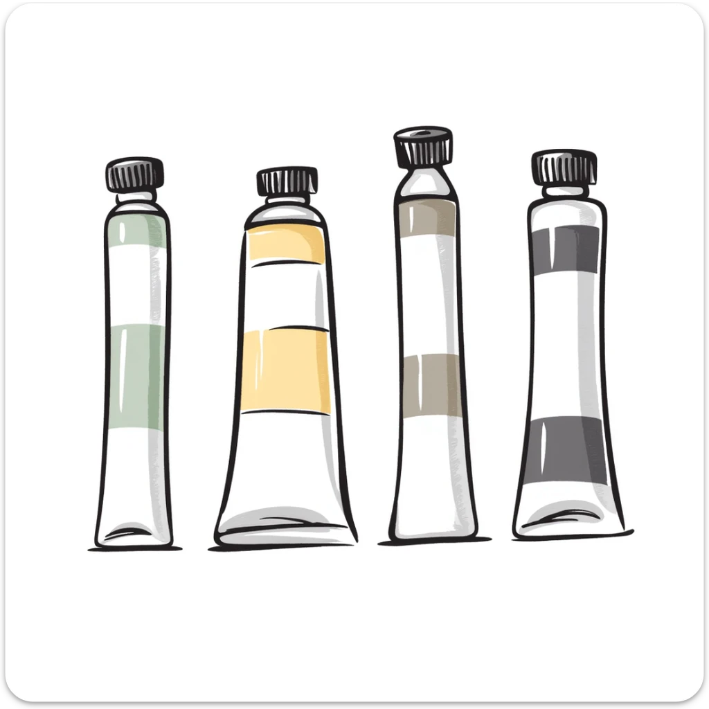 Set of artist's paint tubes with different sizes and caps. Some tubes are squeezed in the middle. Using specific pastel colors (dd9fb0, ffc6d3, a3bfc9, c4bee2, f1b091). Hand-drawn doodle style with intricate details. Transparent background. sticker