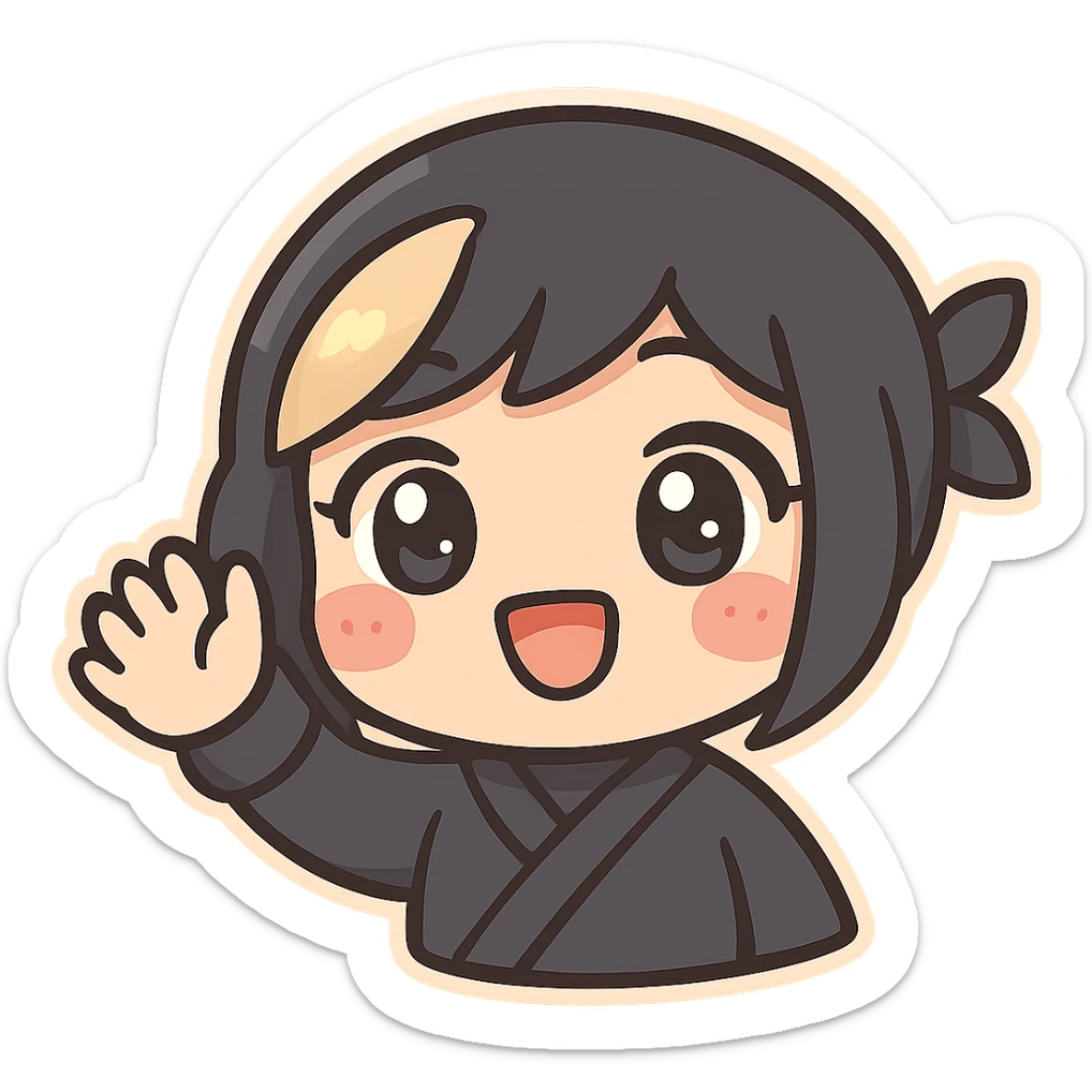 Kawaii chibi ninja girl with black short hair and a blonde streak, only head and arms, super cute, big sparkling eyes, rounder face, smaller mouth, extra soft colors, colorful chibi style, bold outlines, no mask, hand fully raised, waving, smiling, sized for Twitch emoji use. sticker