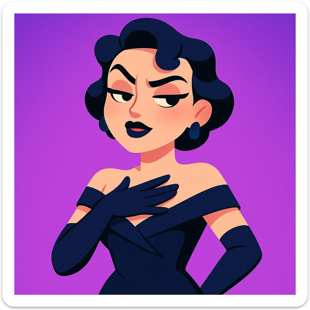 cute animated 3D cartoon character of a glamorous woman with short black hair in elegant curls, wearing a dark navy blue off-shoulder gown and long black gloves, confident slightly smug facial expression with bold dark makeup including black lipstick and sharp eyebrows, hand placed on chest as if in disbelief or sass, bright purple gradient background, mobile game character art style sticker