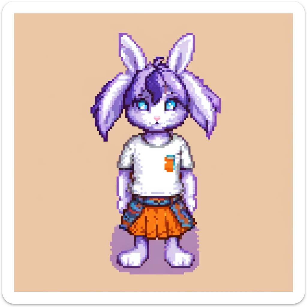 furry anthro male bunny with purple hair, blue eyes, purple and white fur, wearing a t-shirt and skirt, pixel art style sticker