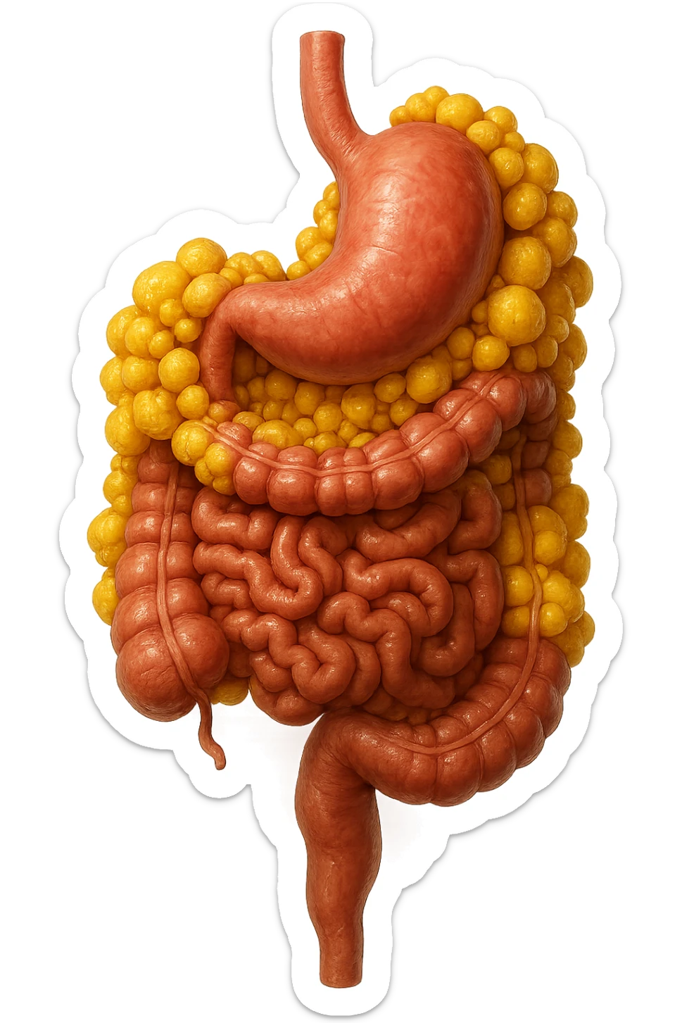STOMACO E INTESTINO SONO VERTICALMENTE COLLEGATI E INTORNO A QUESTI ORGANI CI SONO CELLULE DI GRASSO GIALLE ATTACCATE SOPRA A GRAPPOLI, IPERREALISTICO 4K sticker