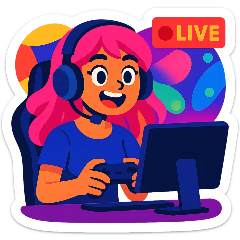 girl with pink hair streaming and playing video games, vibrant and expressive, colorful lights sticker