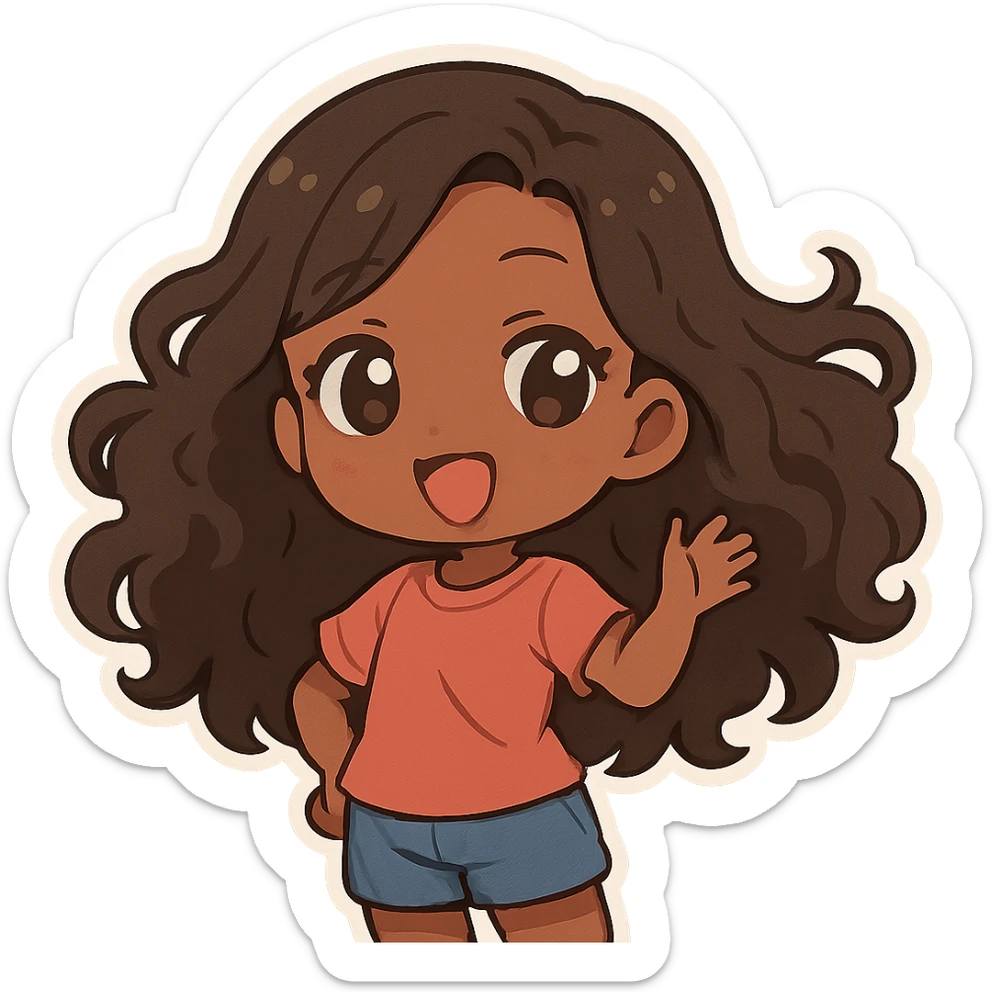 chibi anime style, Black girl with long curly hair, hair waving, cute expression, simple background sticker