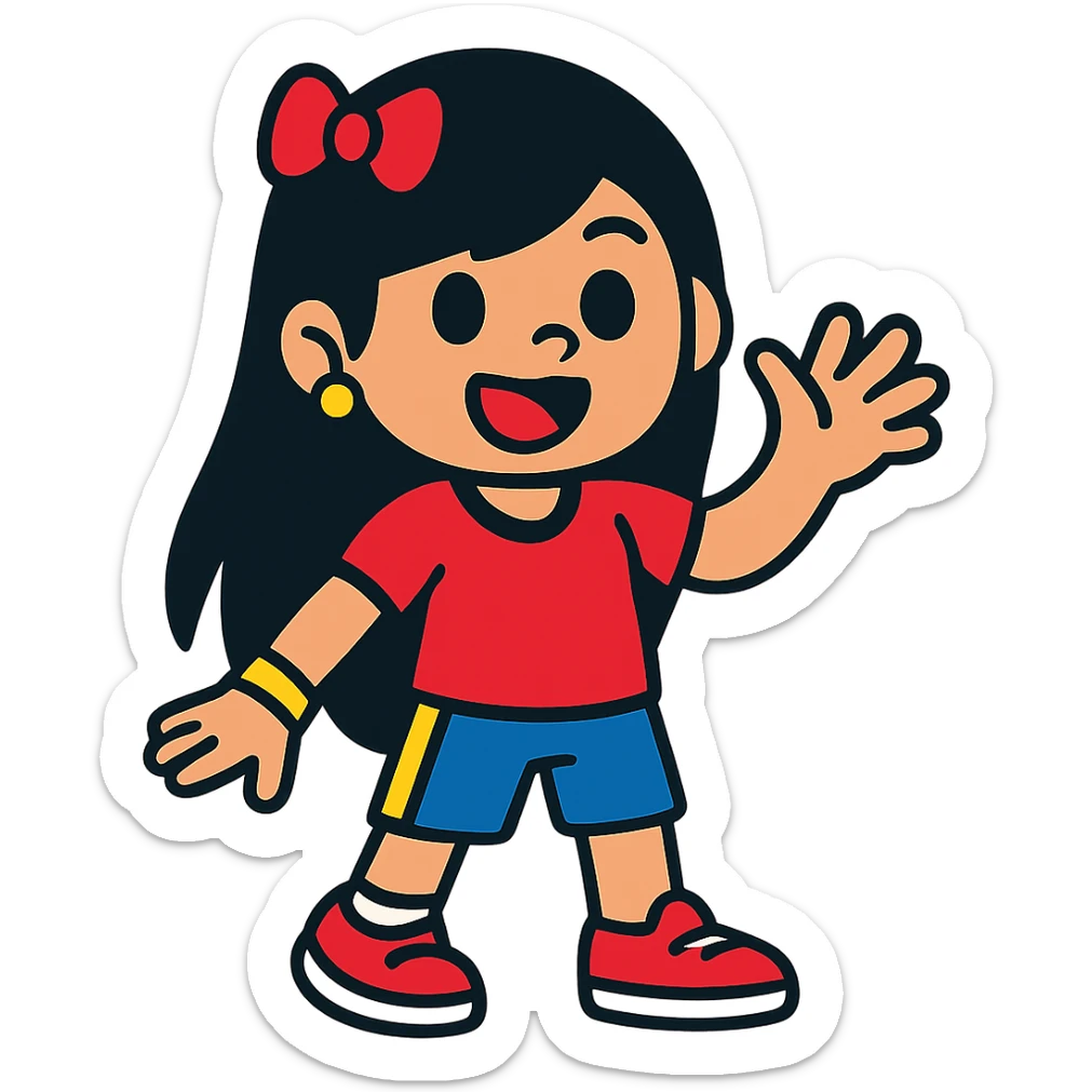 Edit the image to depict a girly girl with long black hair, wearing a sporty outfit in vibrant toon style, with no background. sticker