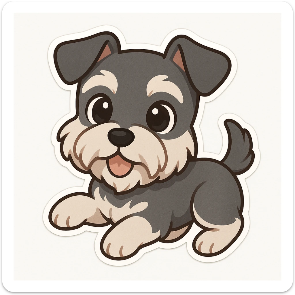 chibi sticker of a mini schnauzer, cute, big eyes, playful pose, white background sticker