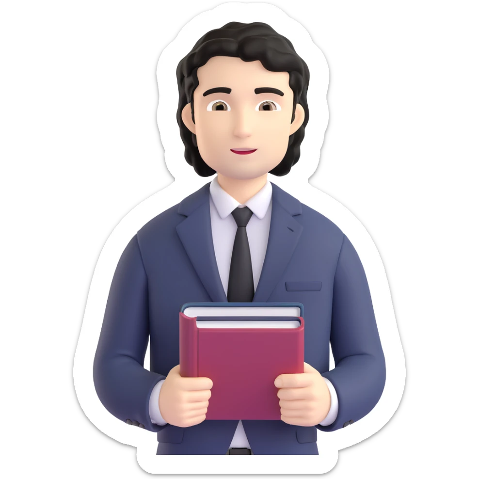 Professional 35-year-old man with black wavy hair, stubble, strong jawline, white skin tone, wearing smart casual business attire, holding a business book, with a confident approachable expression sticker
