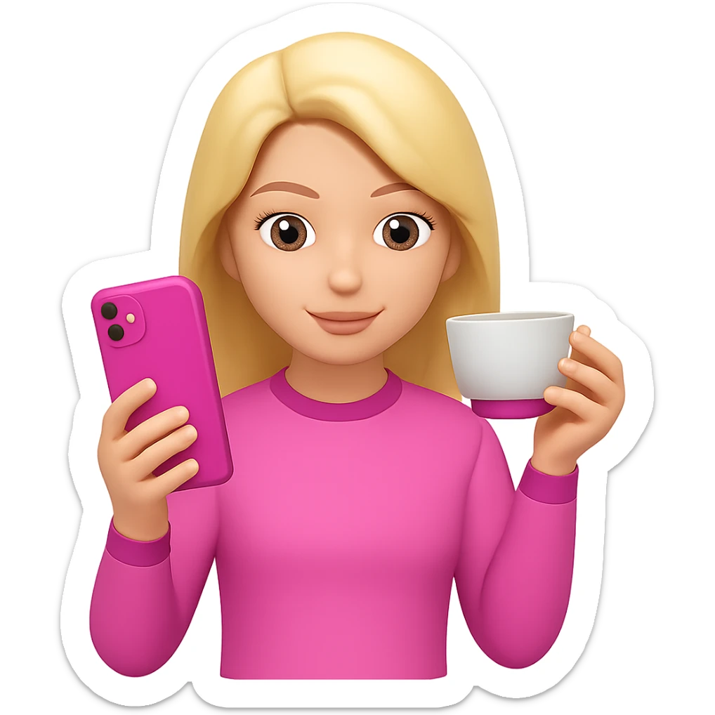 Add a phone in her hand, all pink, Gossip Girl vibe, in the style of apple emojis. Remove the background. sticker
