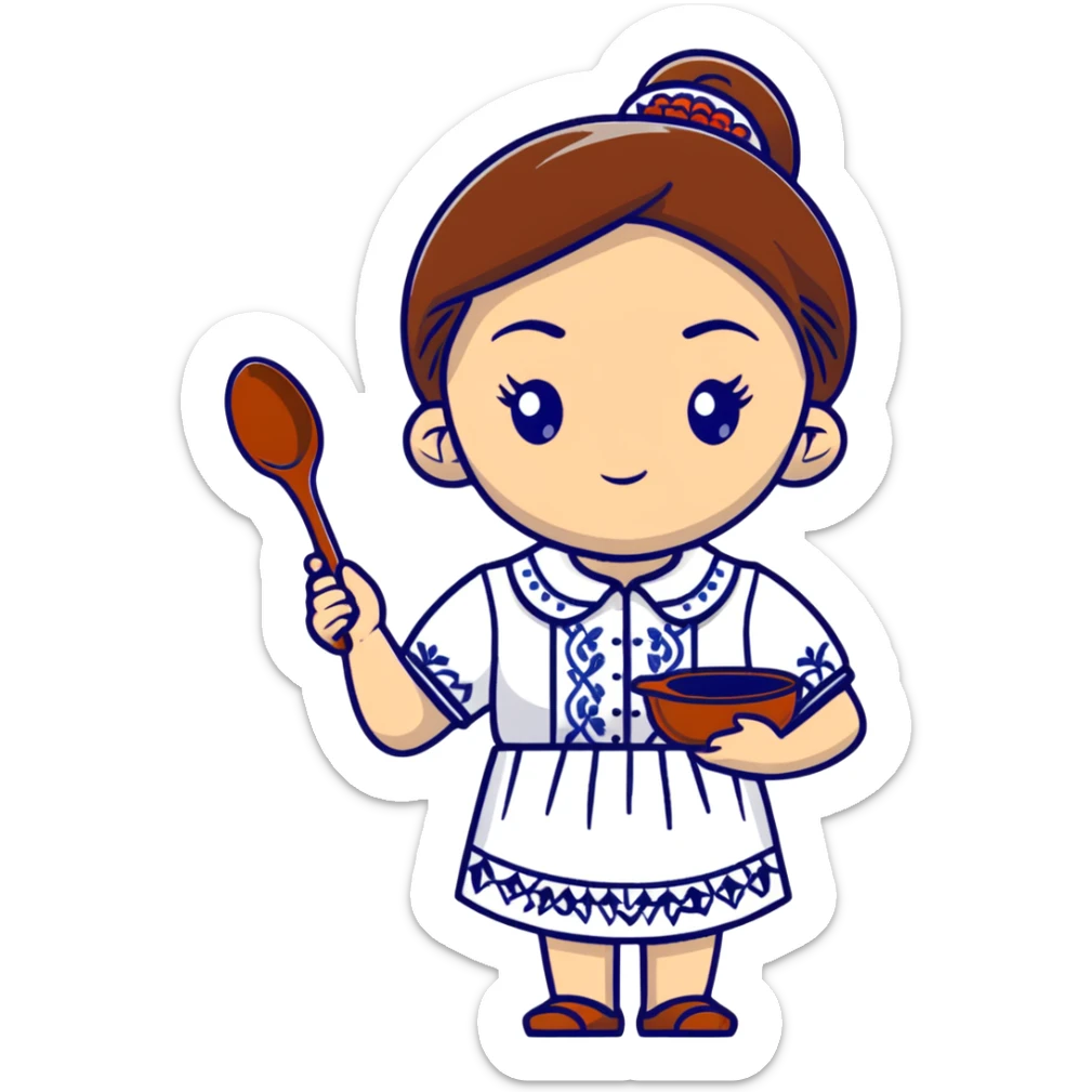 Ukrainian young girl in a white embroidered traditional shirt holding cooking tools like spoon and ladle sticker