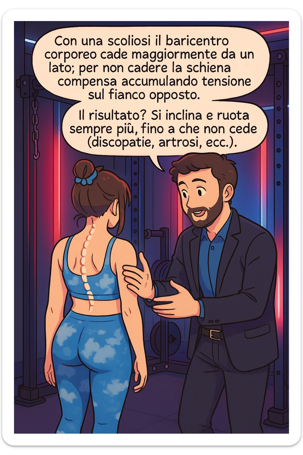 fai questa immagine in versione manga/webtoon a colori con stile di disegno carino e moderno, il manga mostra la donna di spalle, mentre l'uomo le tocca la spina dorsale per spiegarle come funziona la scoliosi:
Con una scoliosi il baricentro corporeo cade maggiormente da un lato; per non cadere la schiena compensa accumulando tensione sul fianco opposto.
Il risultato? Si inclina e ruota sempre più, fino a che non cede (discopatie, artrosi, ecc) sticker