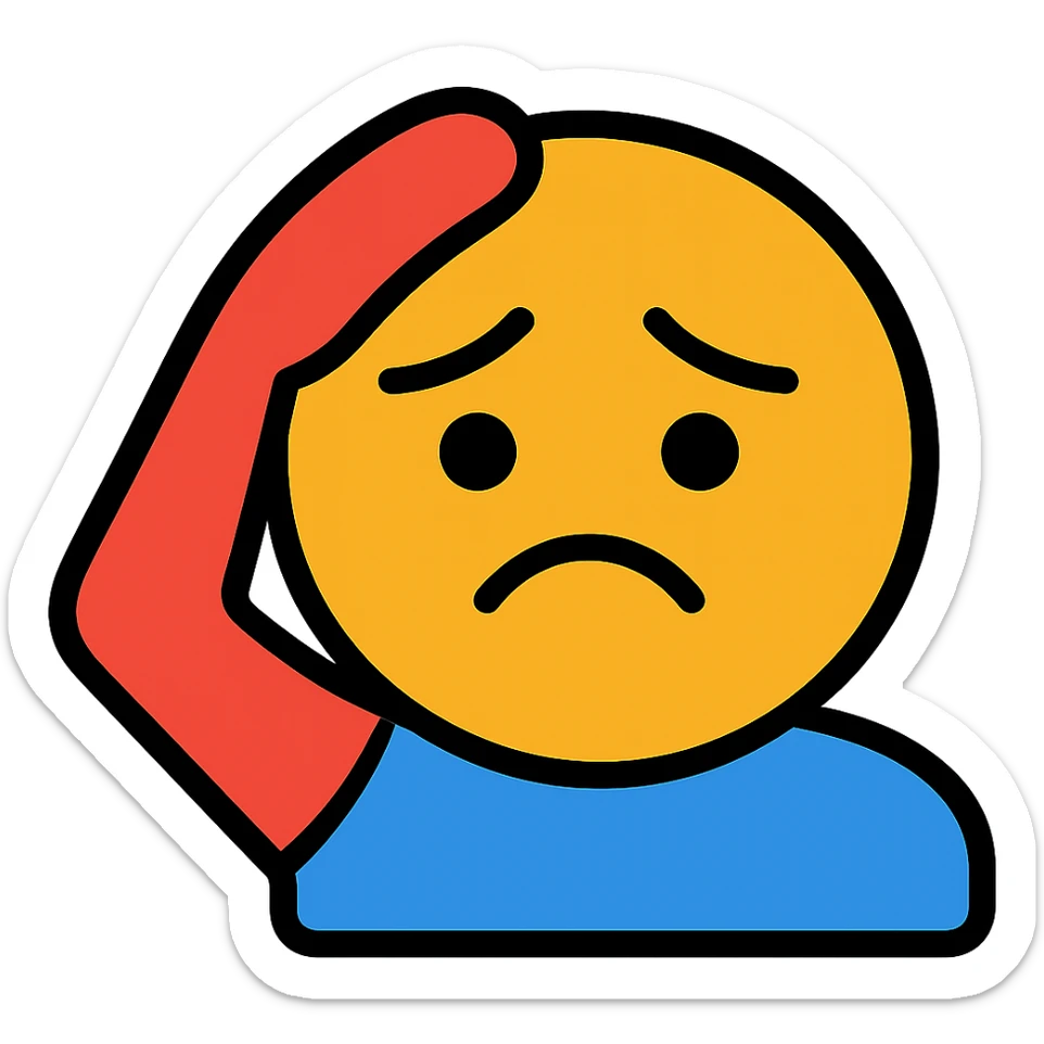 Convert the image to a color outline icon style of a sad face with hand at forehead in salute. Keep the background transparent. sticker