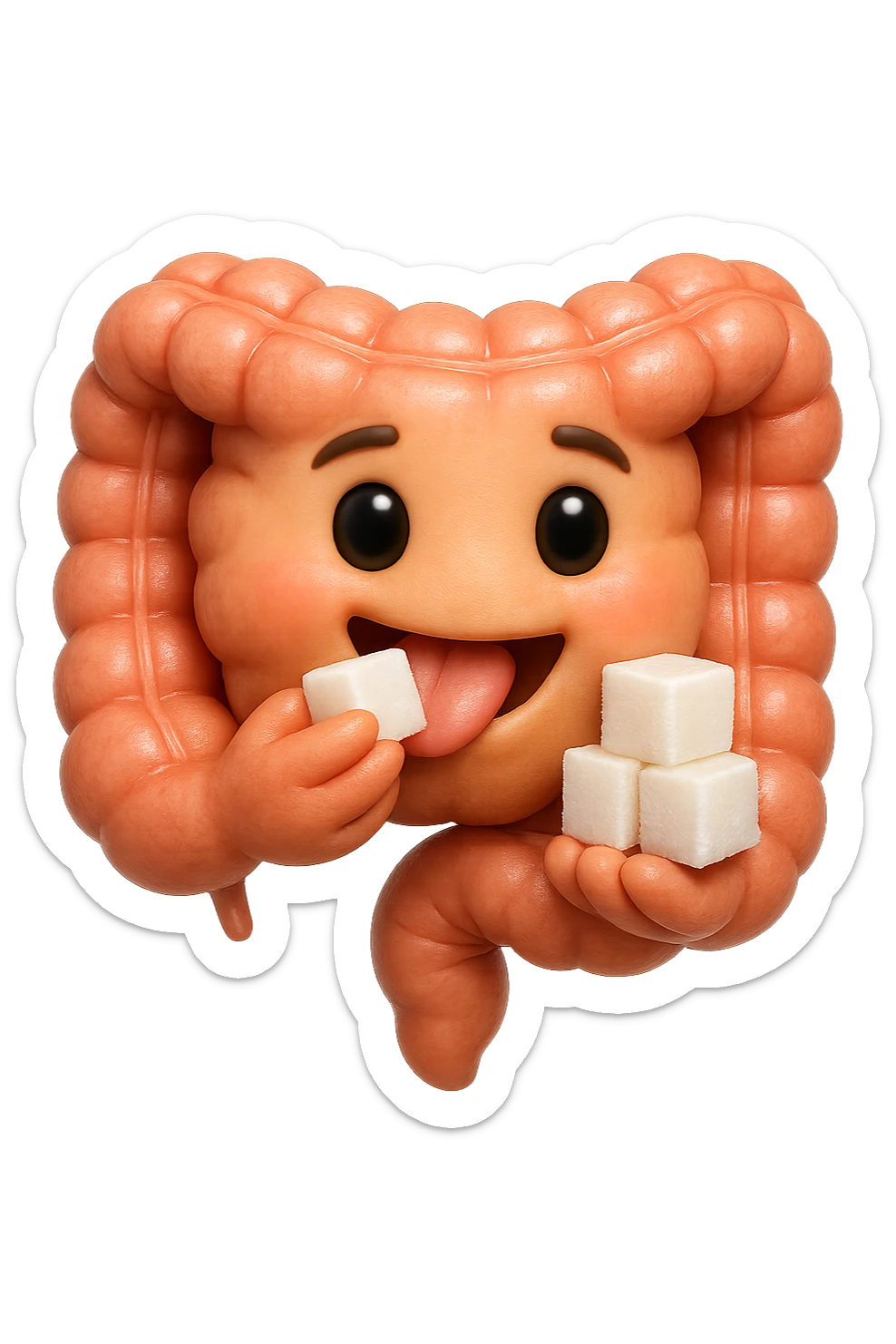 emoji stile iphone di un intestino anatomico che mangia zollette di zucchero, iperrealistico 4k, isolato su sfondo bianco sticker