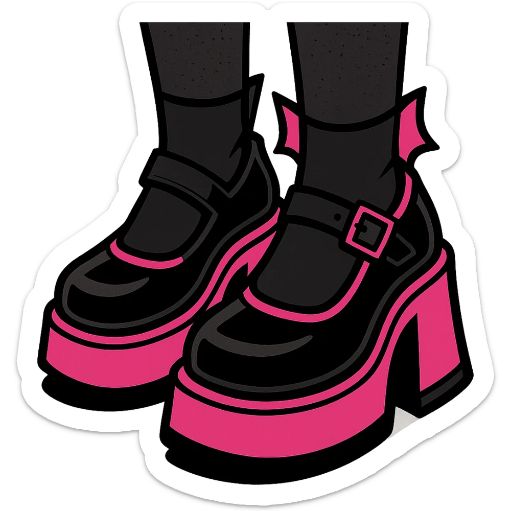 BLACKPINK-inspired gothic shoes, no hearts, black and pink, bold and expressive, vibrant toon style sticker