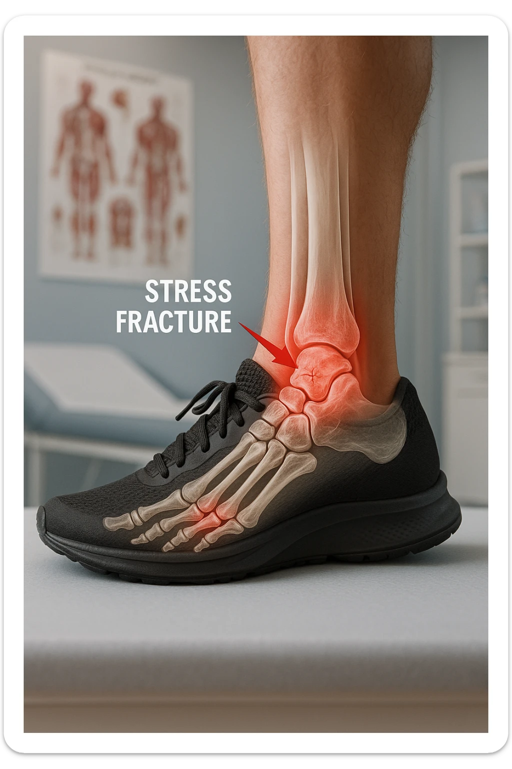 Realistic, vertical medical scene: a runner’s foot and lower leg are shown in profile, with a transparent overlay revealing a small stress fracture in the metatarsal bone. Red highlights and arrows indicate the area of pain and injury. The setting is a medical exam room, with anatomical charts in the background. sticker