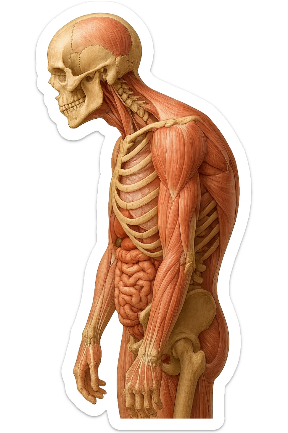 corpo UMANO ANATOMICO di profilo con spalle chiuse in avanti, postura errata, iperrealistico 4k sticker
