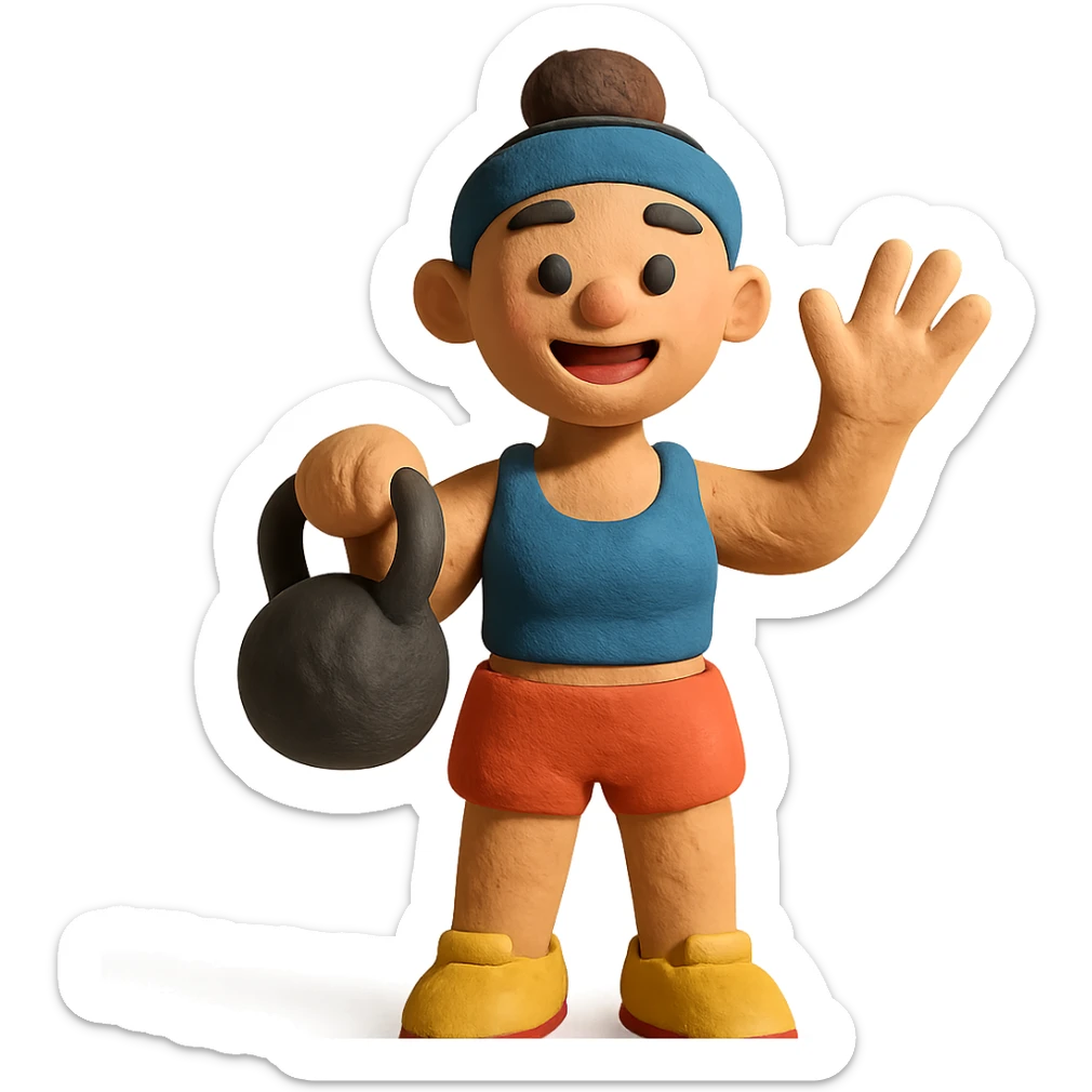 sport girl with kettlebell in one hand and waving hello with the other sticker