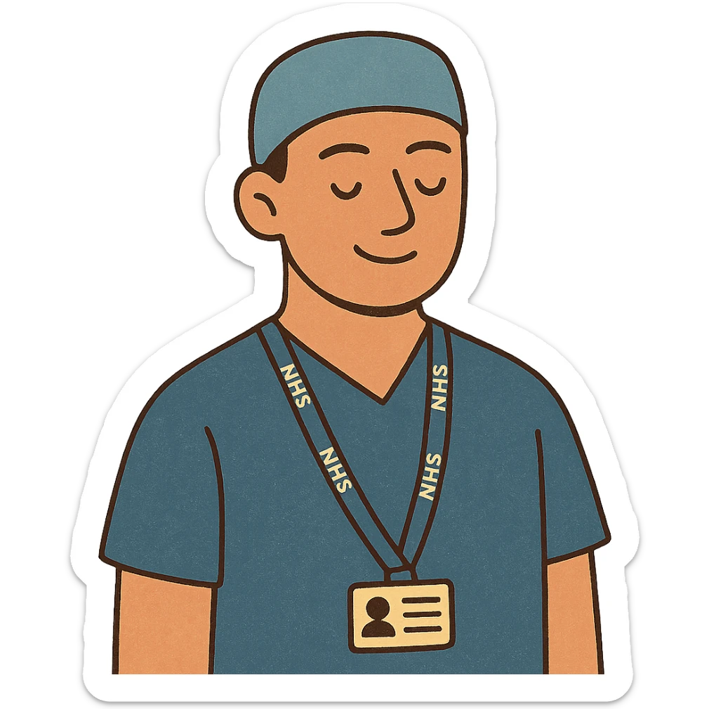 A modern day male surgeon wearing an NHS lanyard and a blue surgeon gown sticker