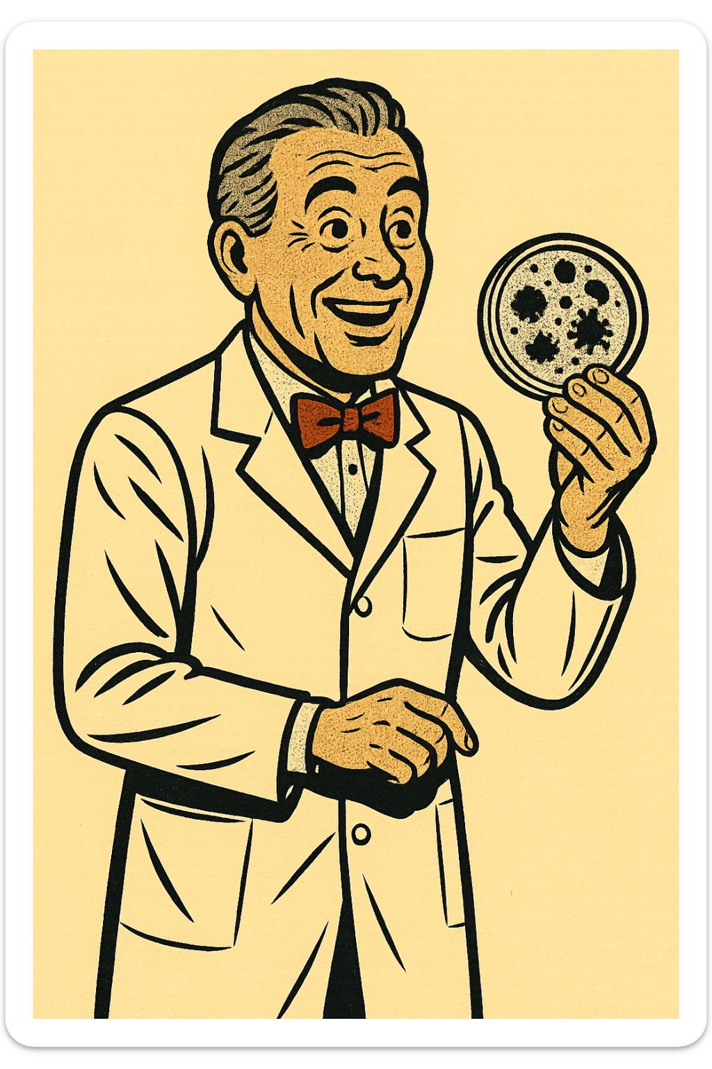 The full body of a happy 1940s male scientist with grey hair wearing a white lab coat over his suit with a red bow tie. He is holding a mouldy petri dish sticker