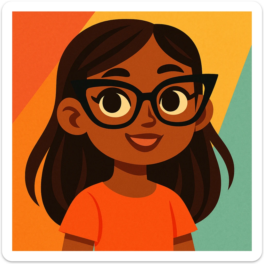 young brown girl with long dark brown hair, dark brown eyes, wearing black squared cat eye glasses sticker