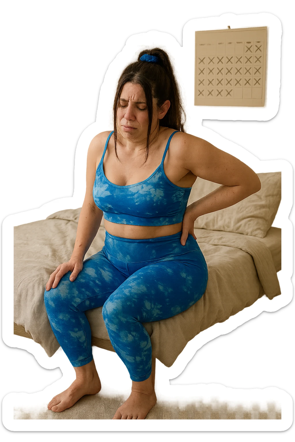 a woman in her 30s sits on the edge of her bed in the morning, holding her lower back with a pained expression. Subtle visual cues, like uneven shoulders or hips, hint at postural asymmetry. The room is softly lit, and a calendar on the wall shows months crossed off, symbolizing chronic pain over the years. sticker
