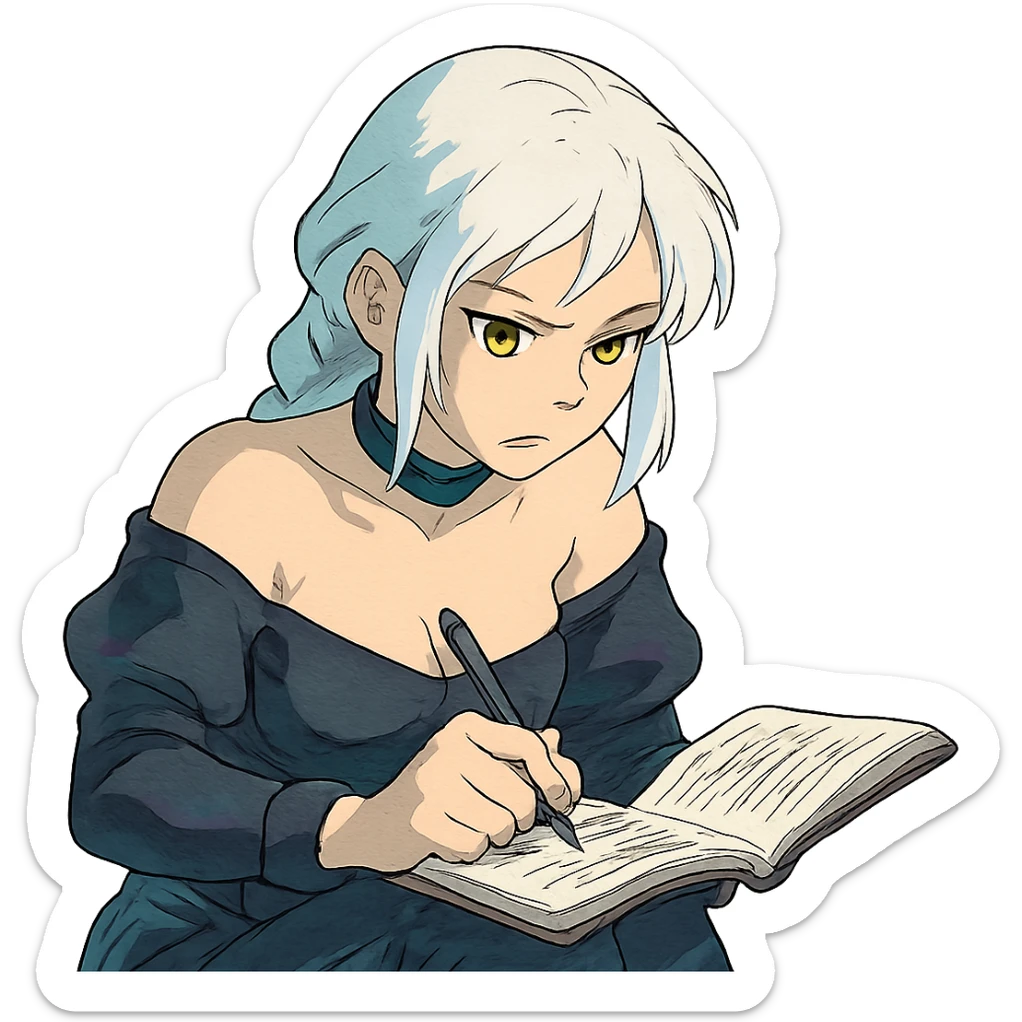  she is scribbling furiously in a notebook, a closeup portrait of young woman with gold yellow eyes, white hair, long braid, black off-shoulder top d-cup, punk gothic style, futuristic cyberwave cyberpunk, sitting position
 sticker