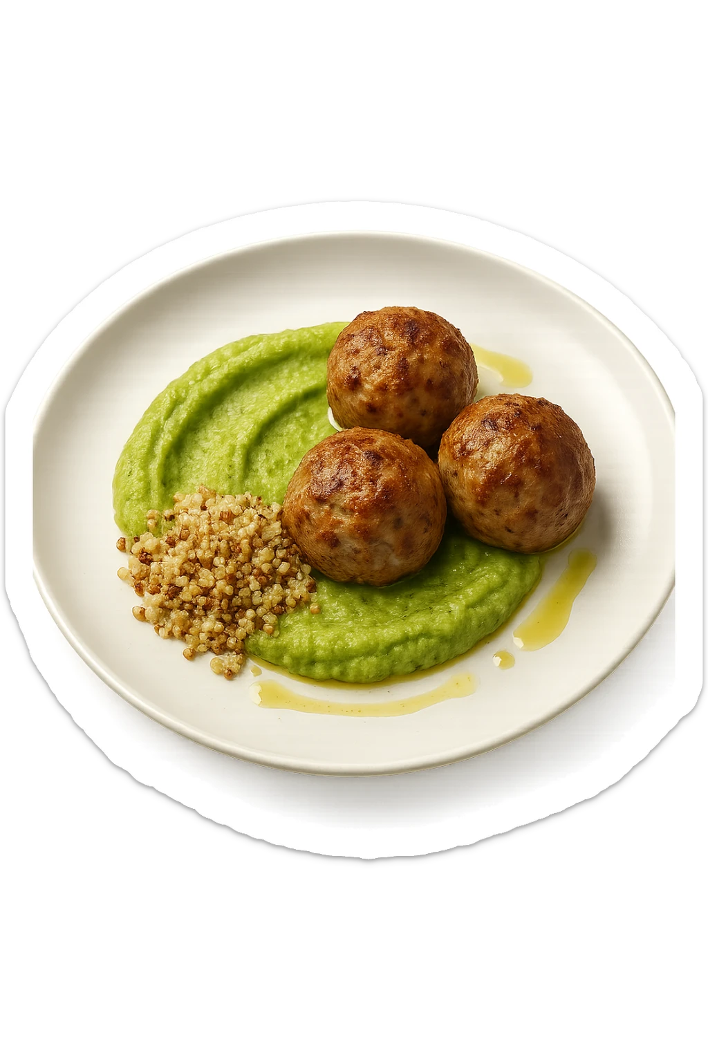 polpette di tacchino, purè di zucchine, quinoa e olio di oliva, iperrealistico 4k sticker