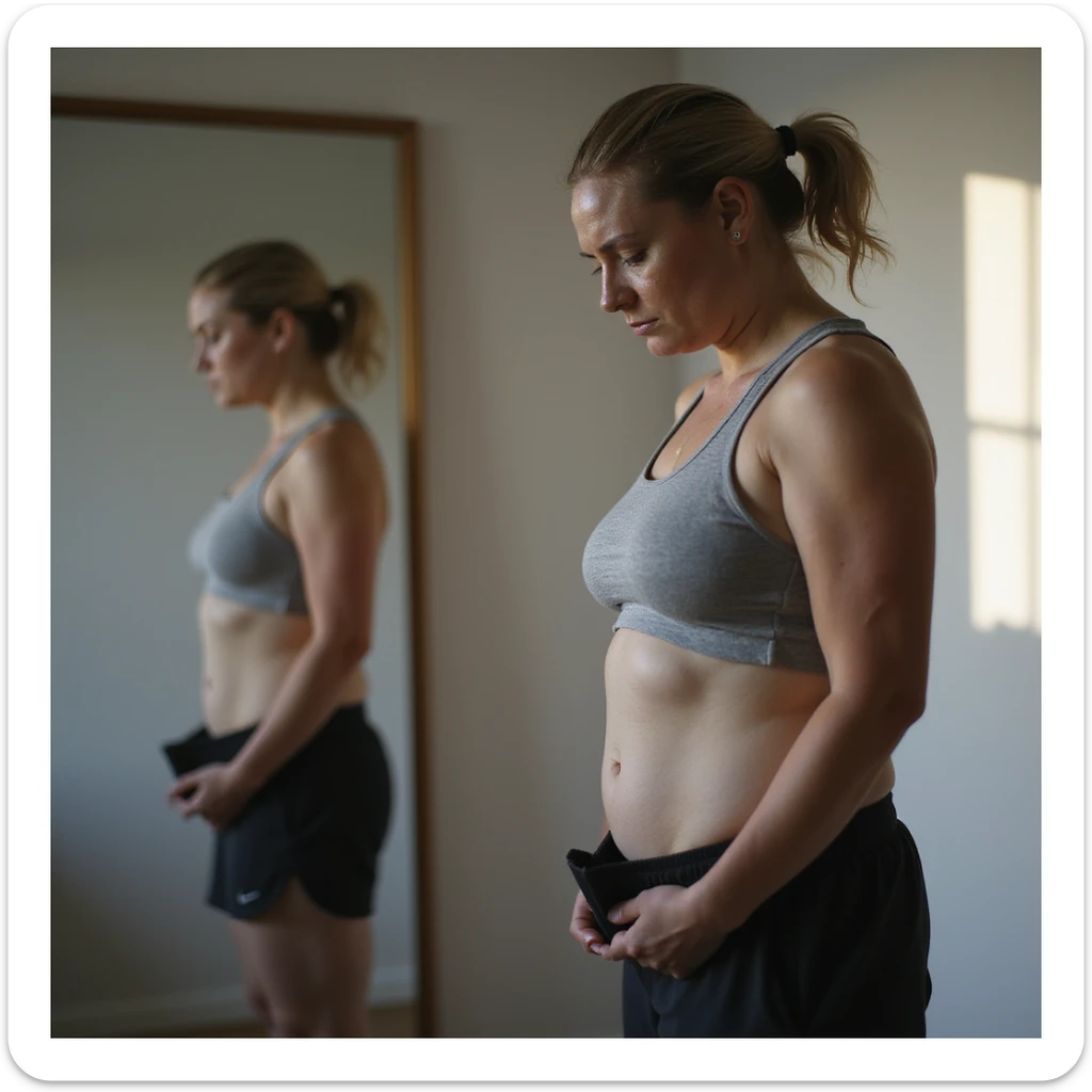 adult woman, photorealistic, unable to lose weight, despondent expression, standing in front of mirror, sportswear, natural light, bedroom background sticker