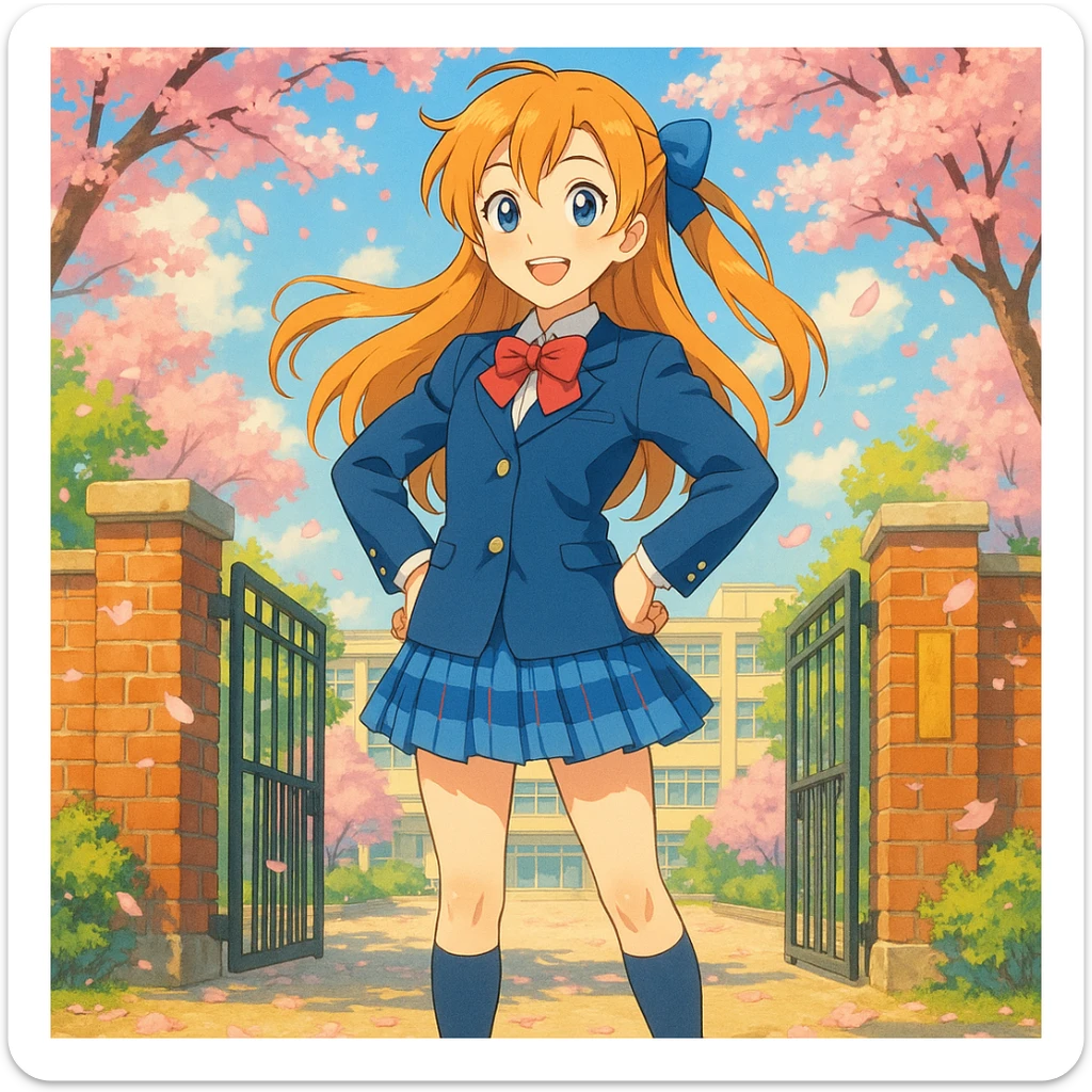 bright and cheerful anime schoolgirl standing confidently in front of her school gate during spring, cherry blossoms fluttering around, long light orange hair in a side ponytail with a blue ribbon, expressive blue eyes, warm smile, classic Japanese high school uniform with navy blue blazer, white blouse, red ribbon bow, blue checkered skirt, knee-high navy socks, brown loafers, vibrant 2D anime style inspired by Love Live!, lively background with high attention to color and lighting sticker