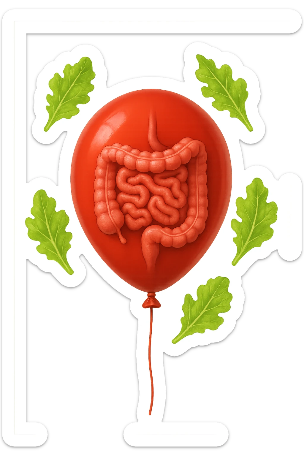 intestino chiuso in un palloncino rosso e foglie di insalata che fluttuano intorno sticker